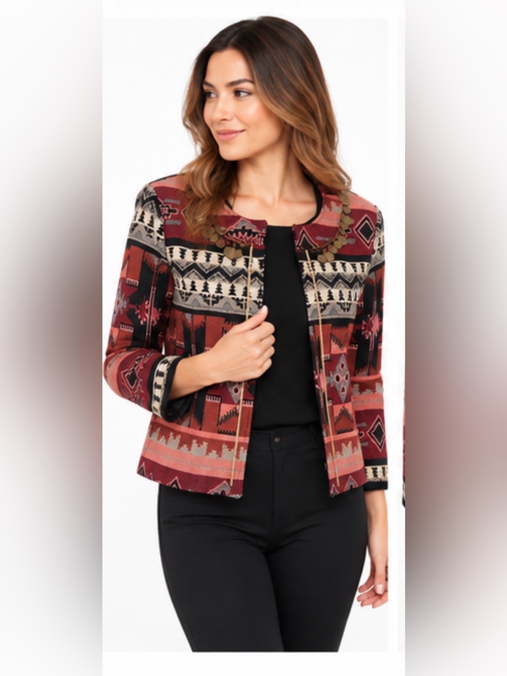 Rinascimento Made in Italy Red Black Ethnic Print Blazer Jacket size S